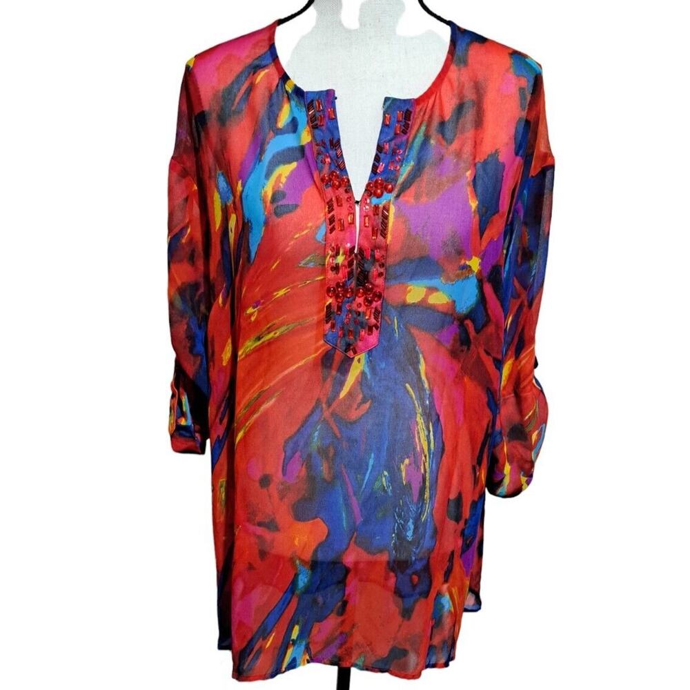 Peter Nygard Semi Sheer Top Beaded Neck Red Blue Yellow Purple Watercolor SZ XL